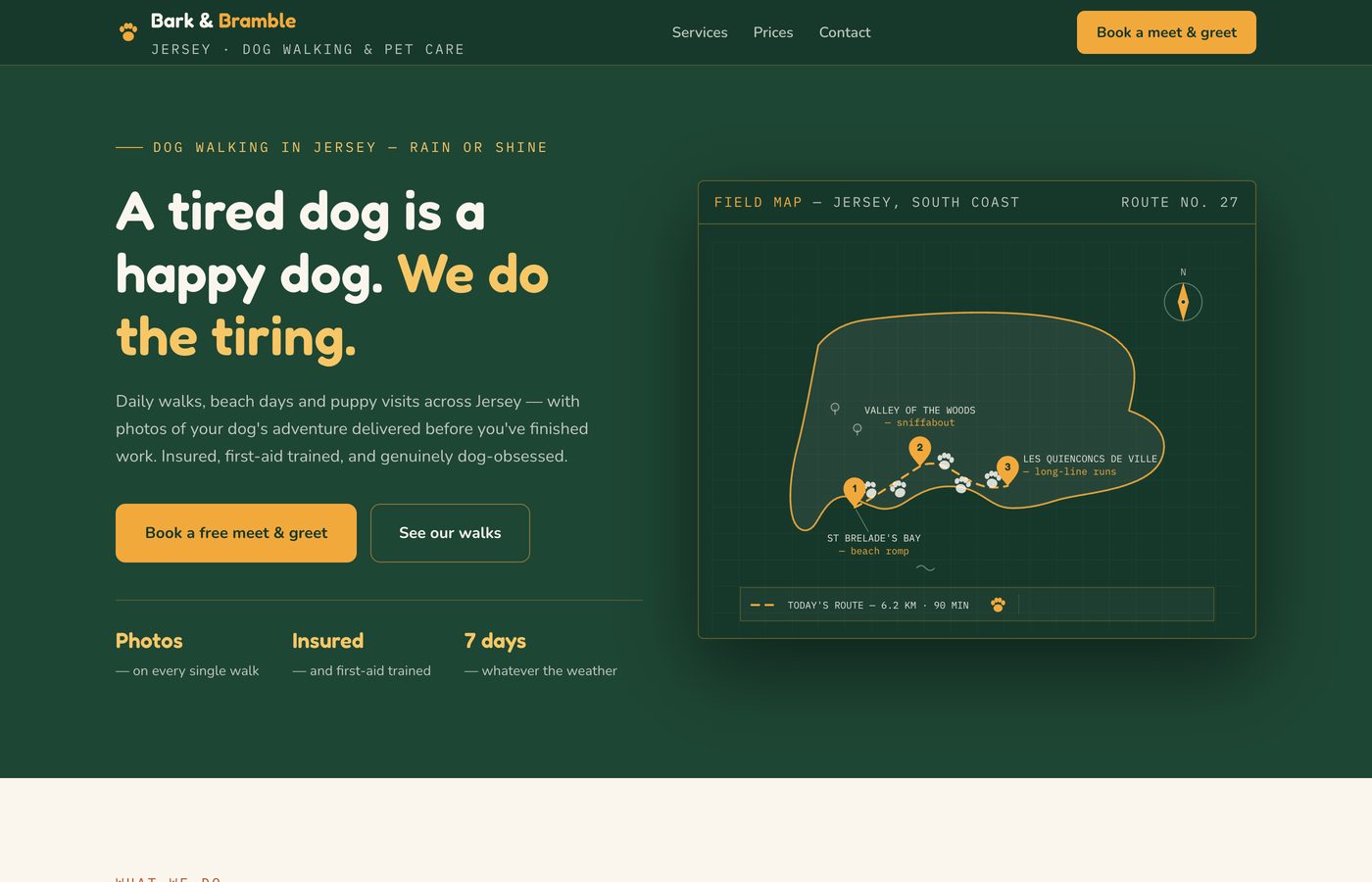 Bark & Bramble dog walking demo — pine and amber site with a Jersey walking-route map