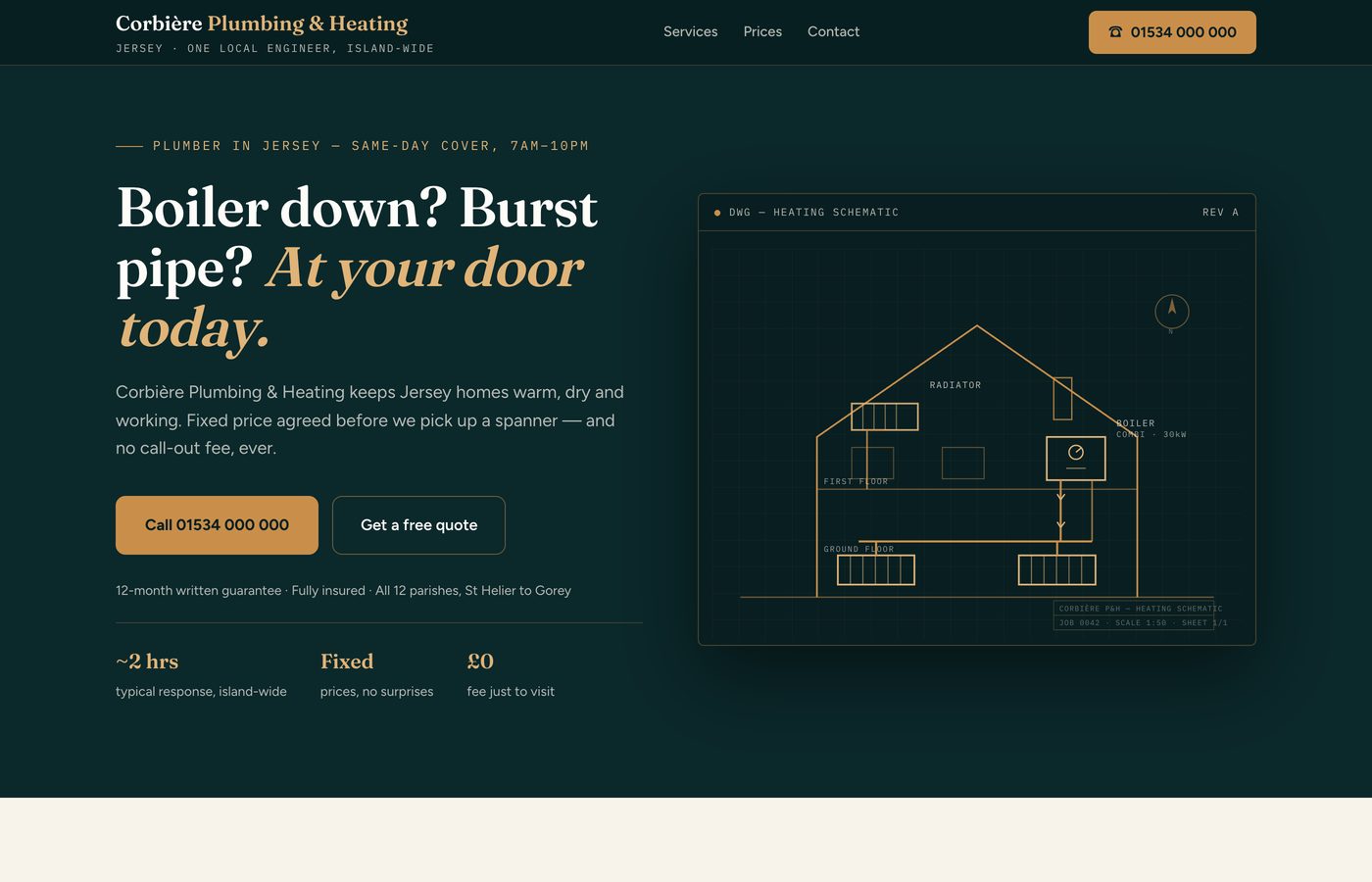 Corbière Plumbing & Heating demo — teal and brass plumbing site with a heating blueprint diagram