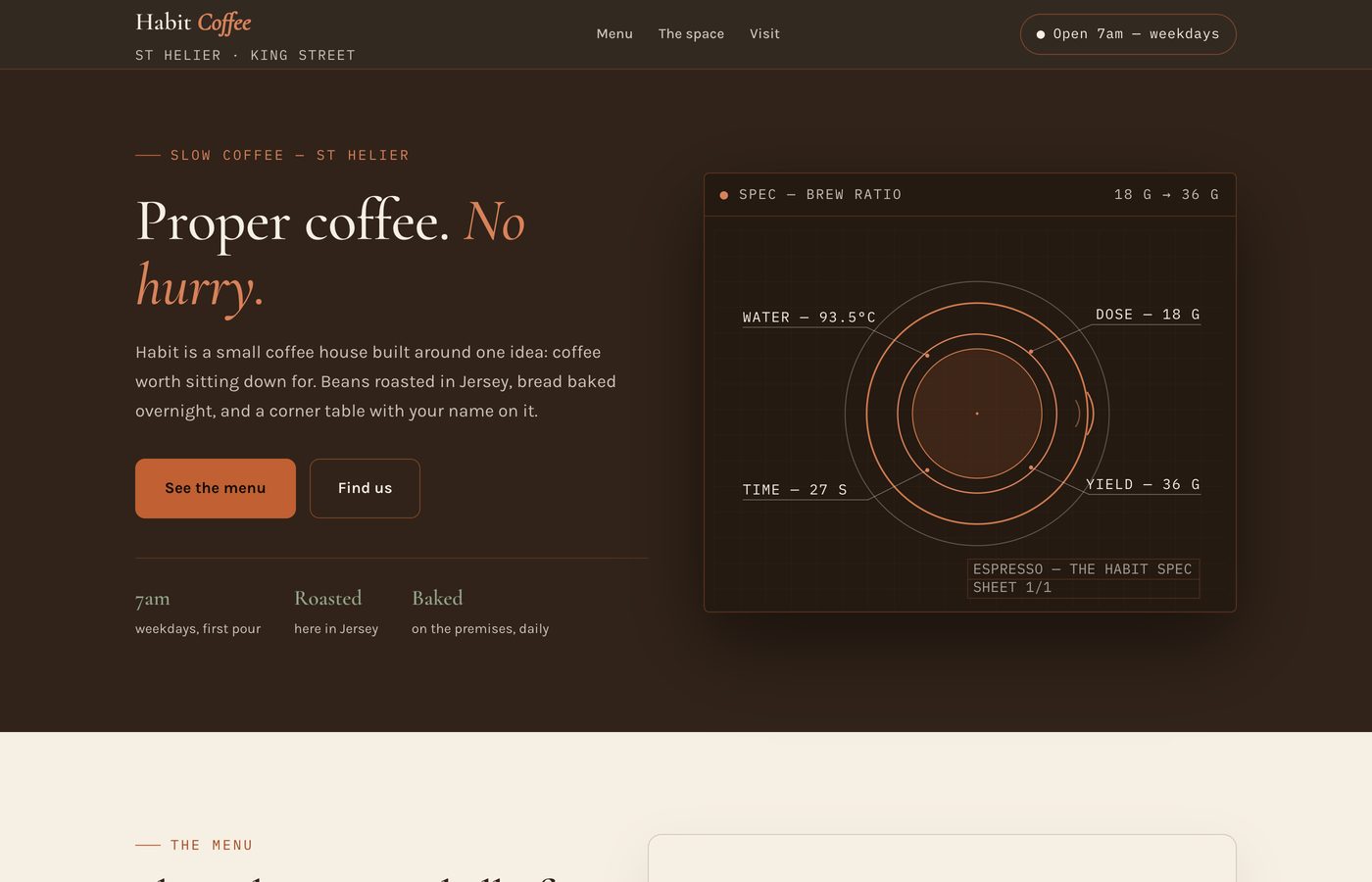 Habit Coffee demo — espresso and terracotta coffee house site with a barista brew-ratio diagram and printed menu