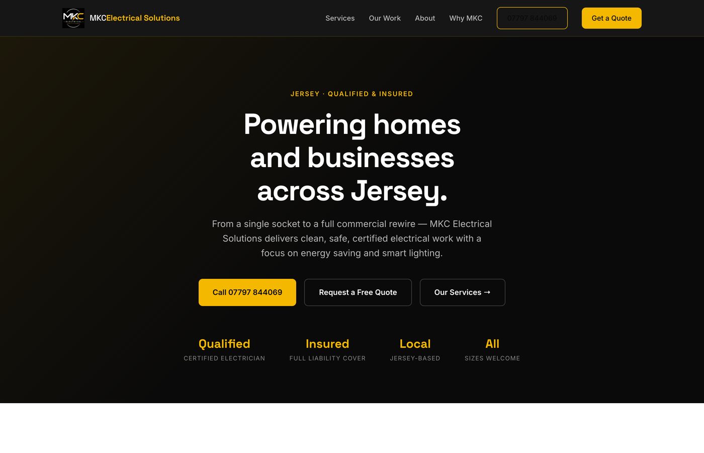 MKC Electrical Solutions website — navy and amber single-page site for a Jersey electrician