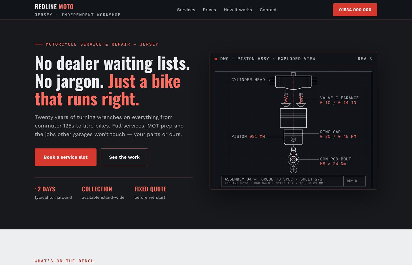 Redline Moto demo — charcoal and racing red motorcycle workshop site with an exploded engine diagram