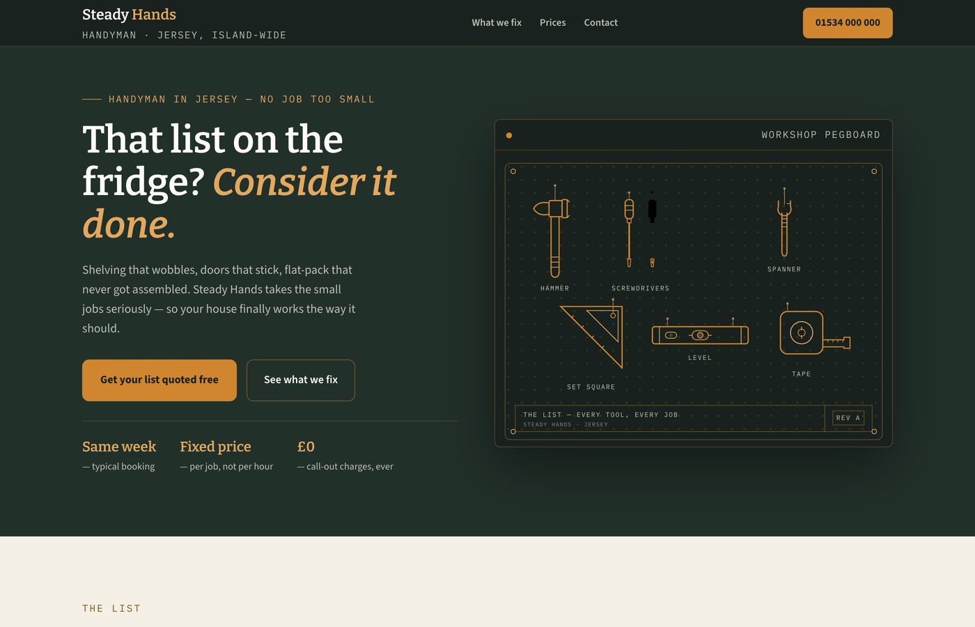 Steady Hands handyman demo — warm cream and moss site with a workshop pegboard illustration